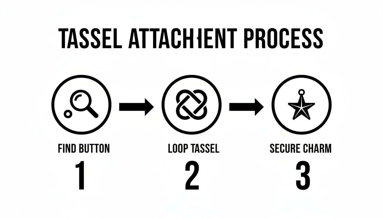 A three-step infographic showing the tassel attachment process: find button, loop tassel, secure charm.