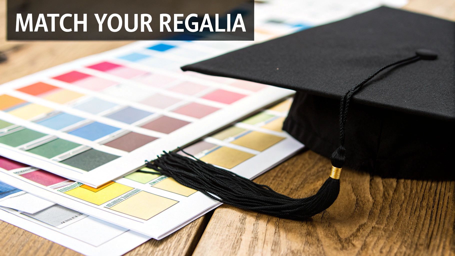 A black graduation cap, tassel, and color swatches on wood, highlighting matching regalia.