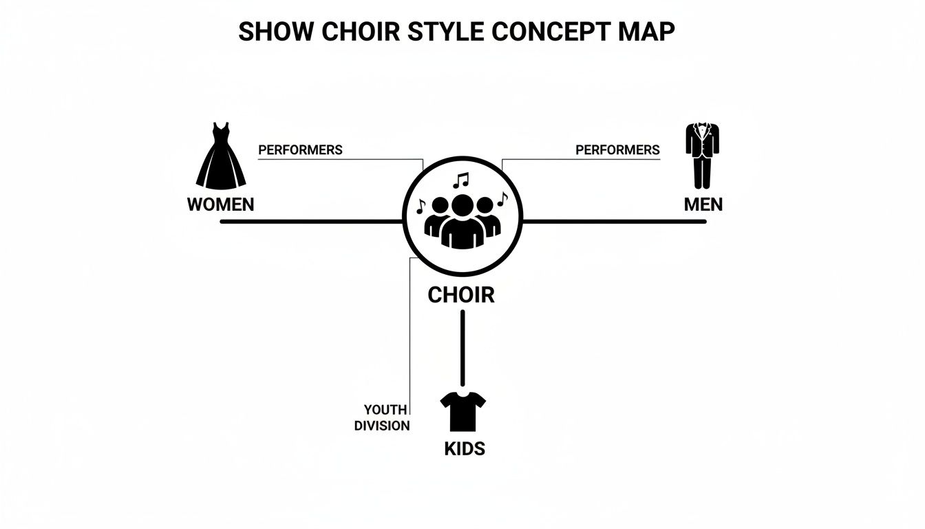 Show choir style concept map showing attire for women, men, and a youth division for kids.