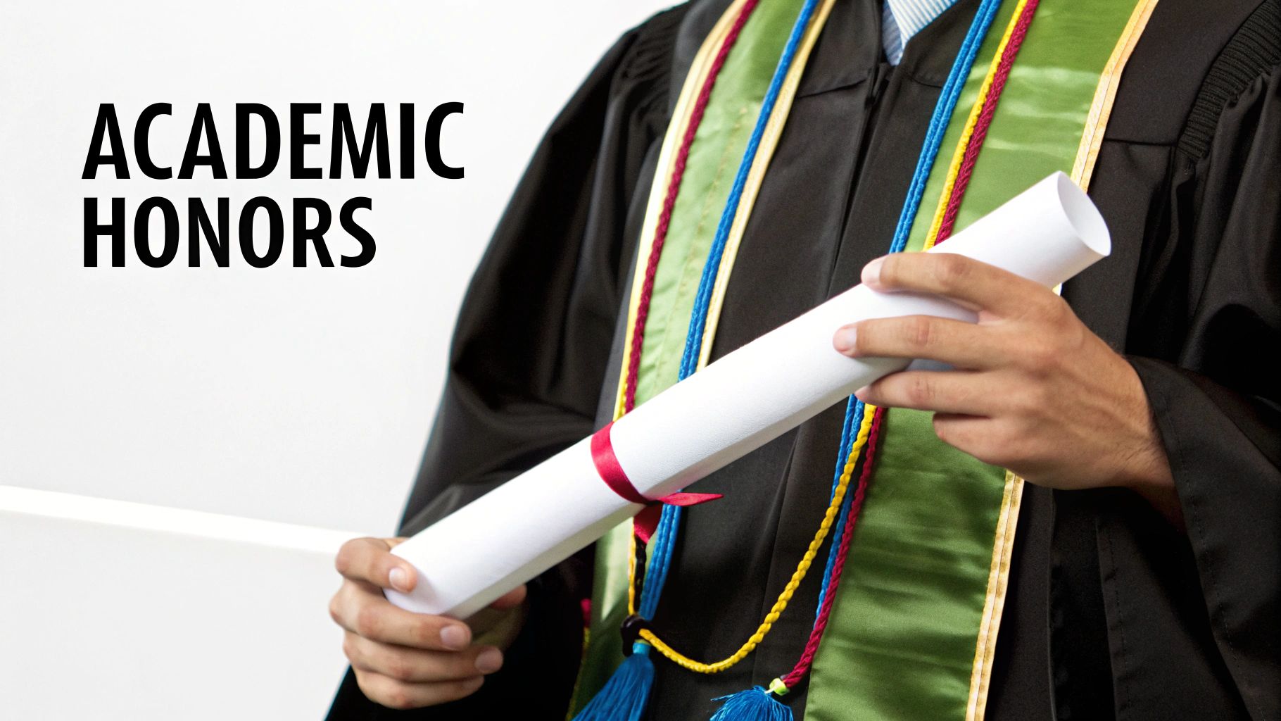A graduate in a black gown with honor cords and a green stole, holding a rolled diploma.