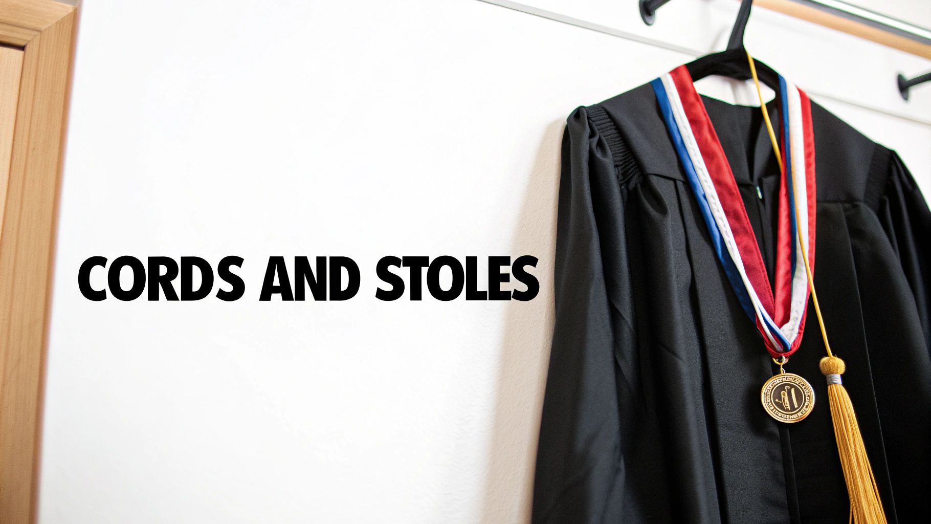 A black graduation gown hangs on a white wall, adorned with a colorful medal ribbon and a gold tassel.