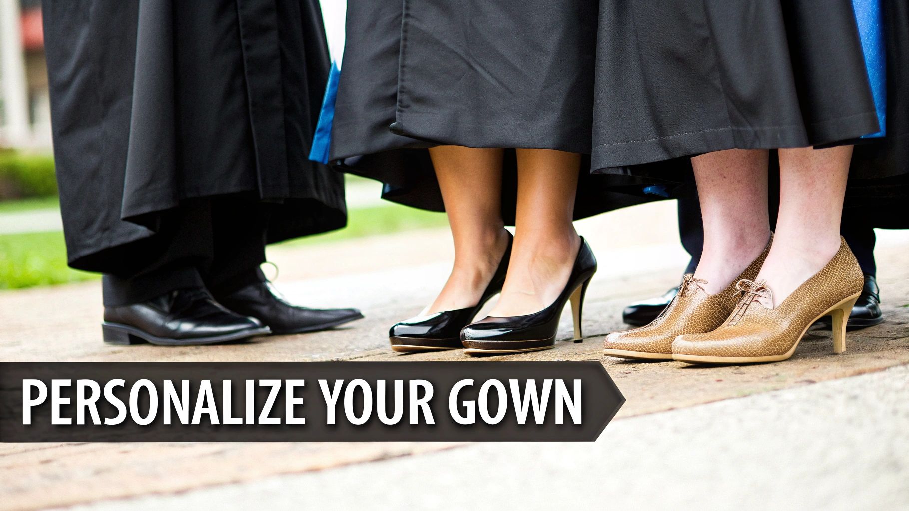 Graduates in black gowns showcasing different shoes, including black dress shoes and stylish high heels.