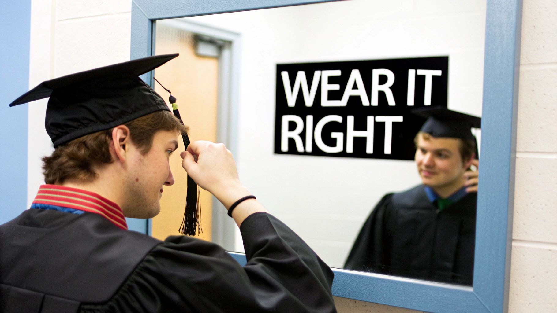 A doctoral graduate adjusting their tam graduation cap.