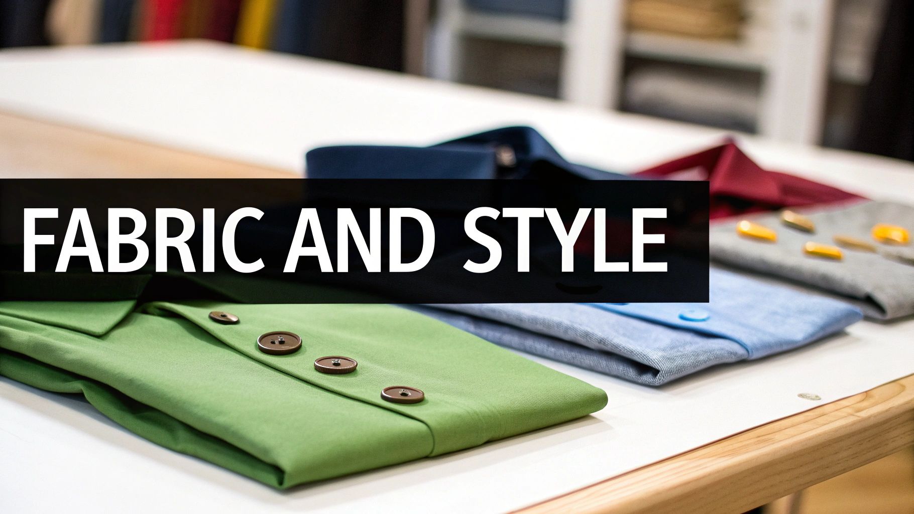 Various colorful folded garments on a table, highlighting different fabrics and styles. Text: FABRIC AND STYLE.