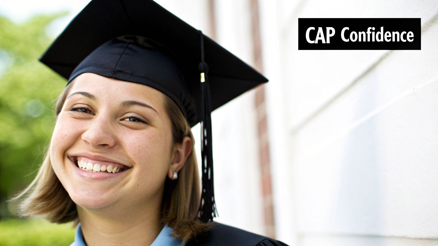 A joyful female graduate in a cap and gown smiles, embodying 'CAP Confidence'.