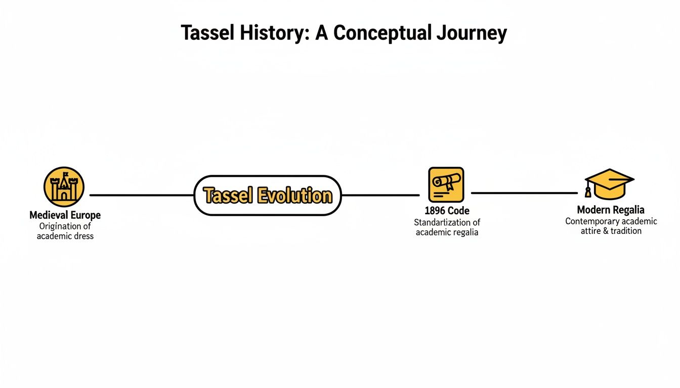 A conceptual timeline illustrating the evolution of academic tassels from Medieval Europe to modern regalia.