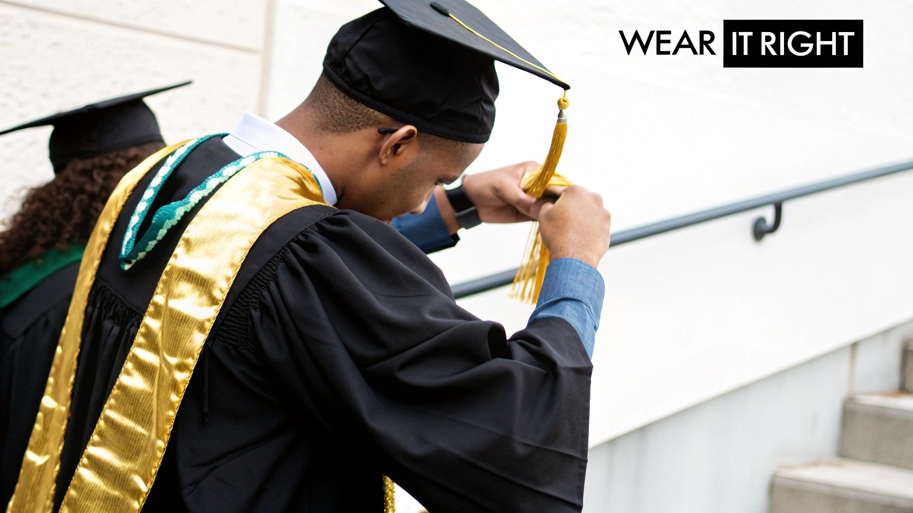 A graduate in a black gown and gold stole adjusts their cap's tassel.