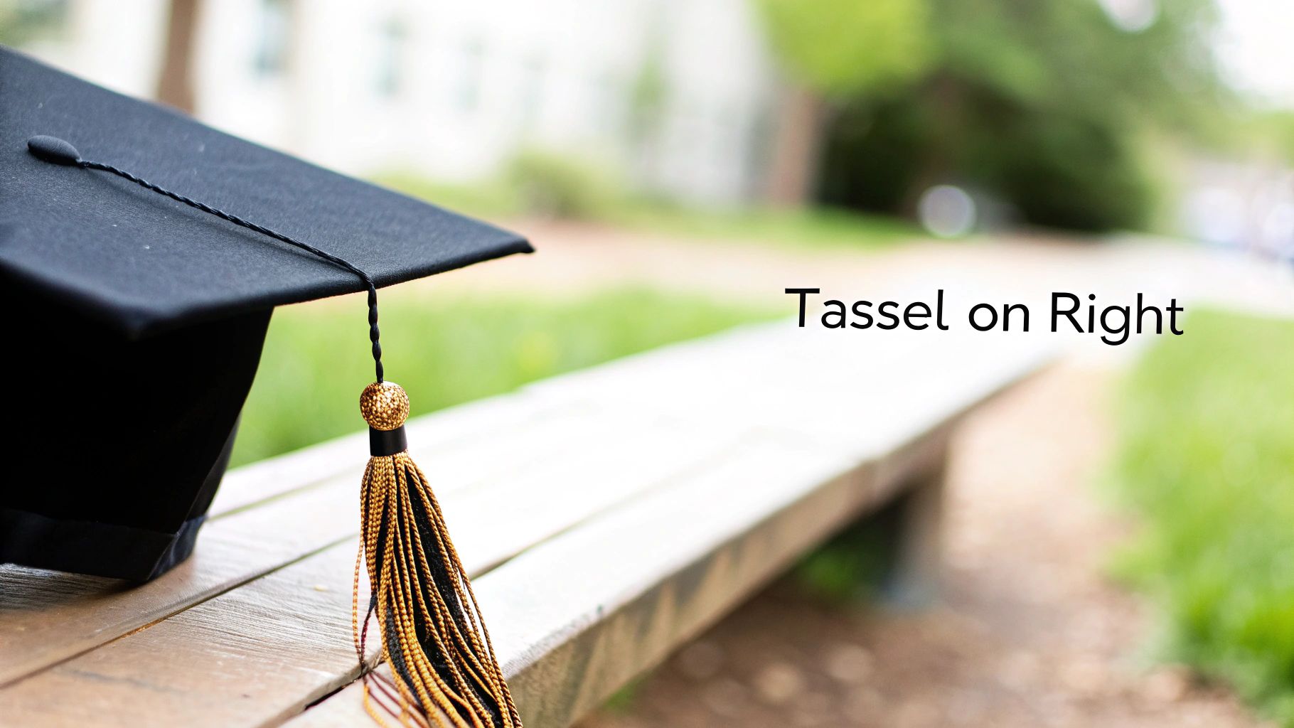 A black graduation cap with a gold and black tassel resting on a wooden bench, tassel on right.