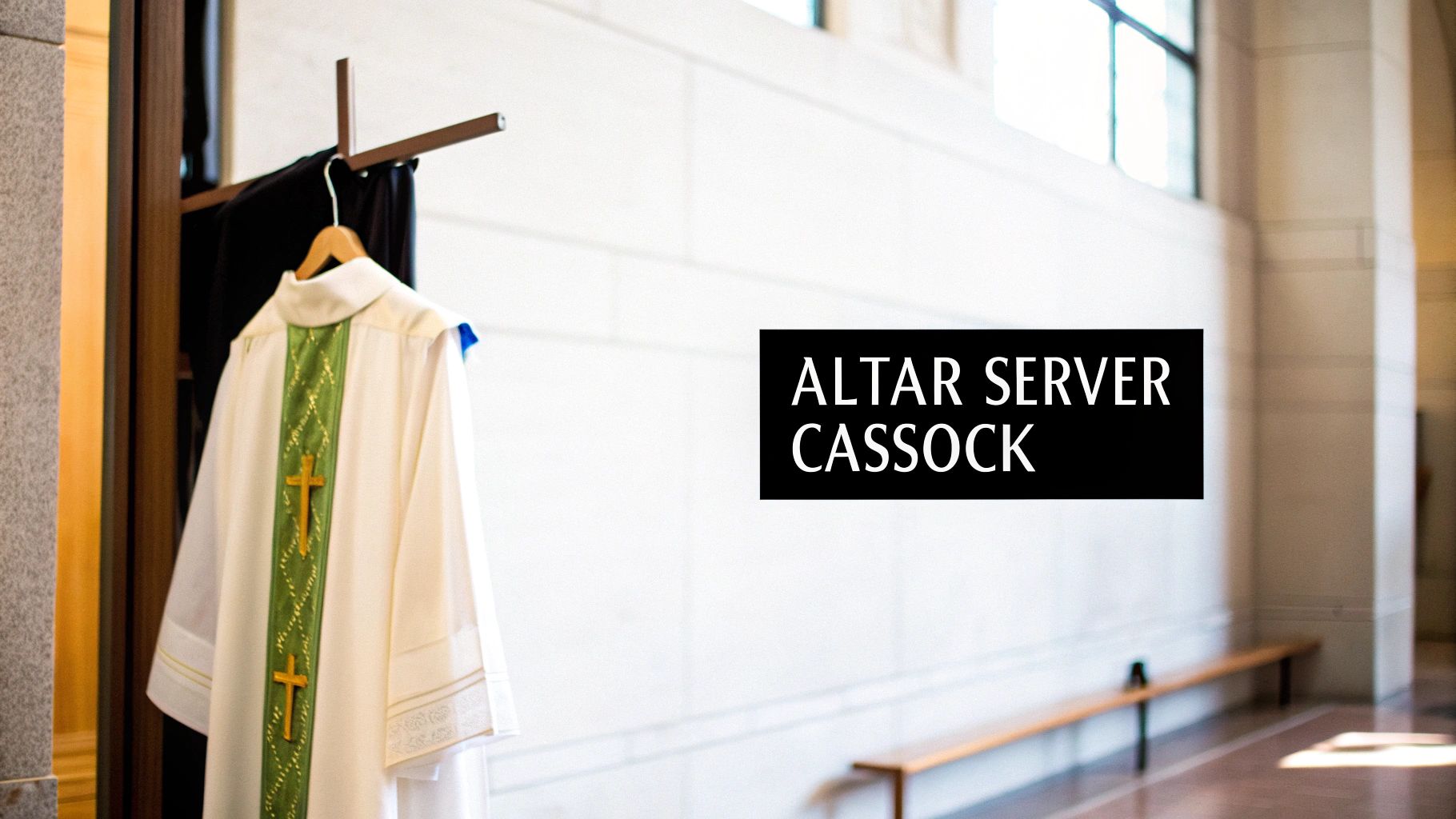 White altar server cassock with green and gold crosses hanging in a bright church hallway.