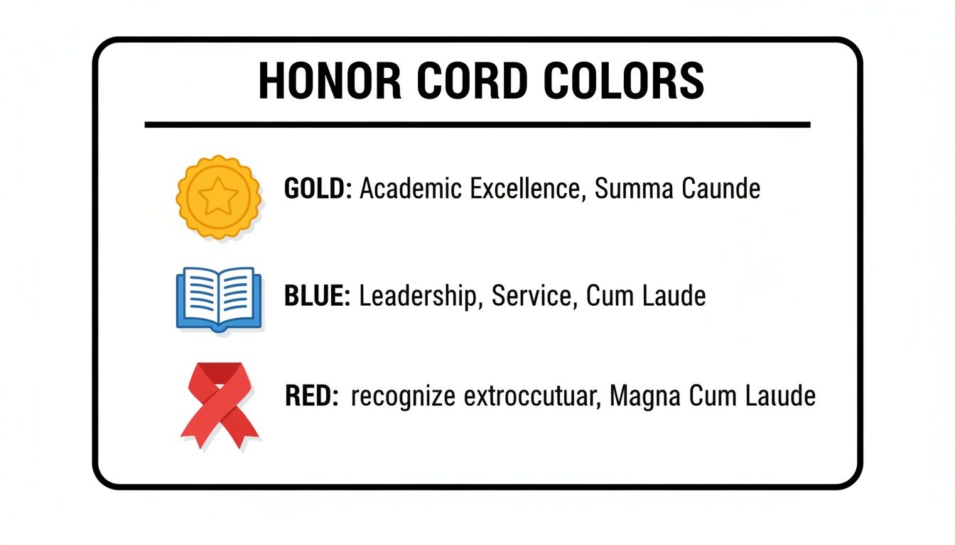 Infographic detailing meanings of gold, blue, and red honor cord colors for graduation.