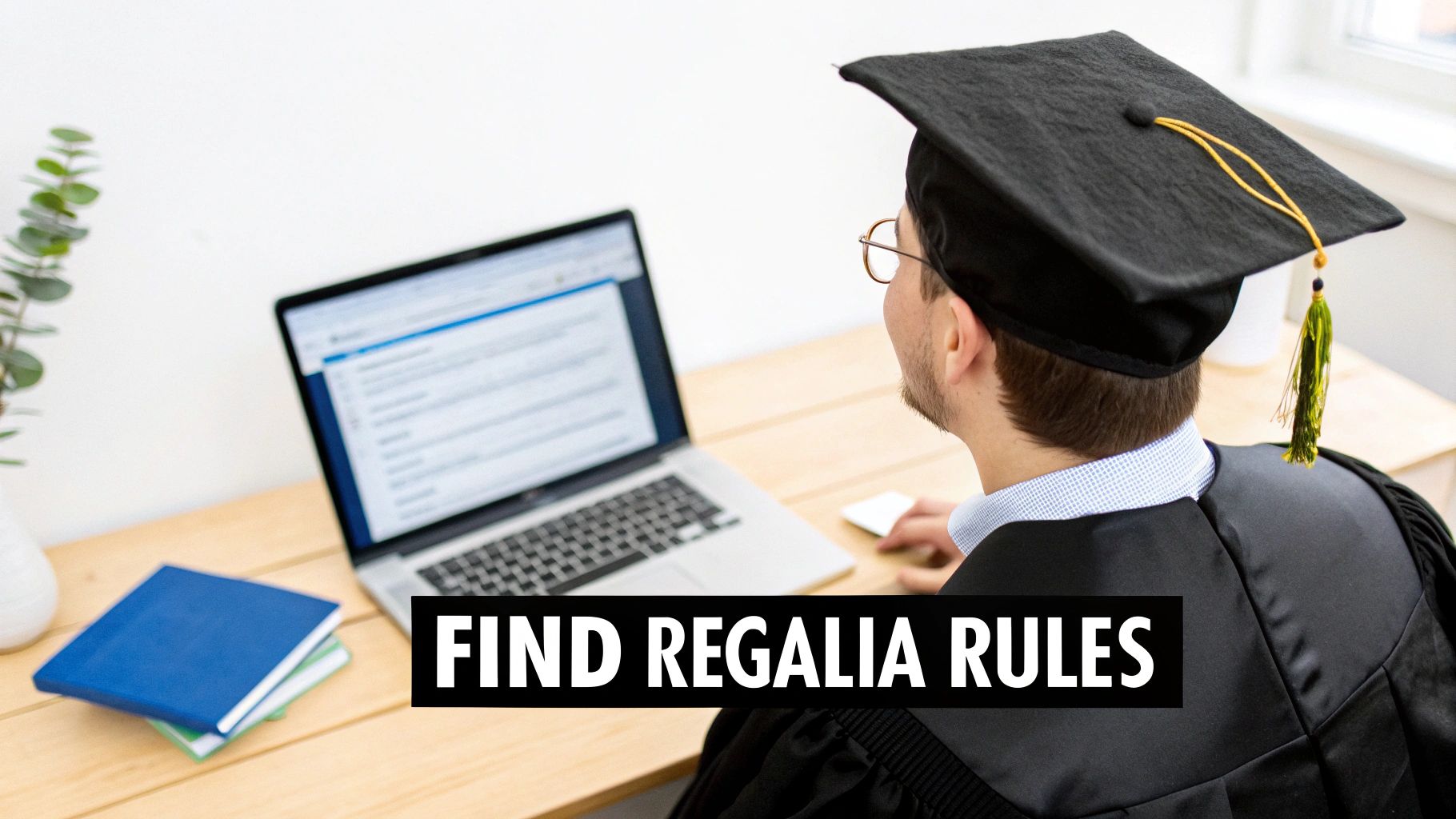 A person in a graduation cap and gown uses a laptop, possibly researching regalia rules.