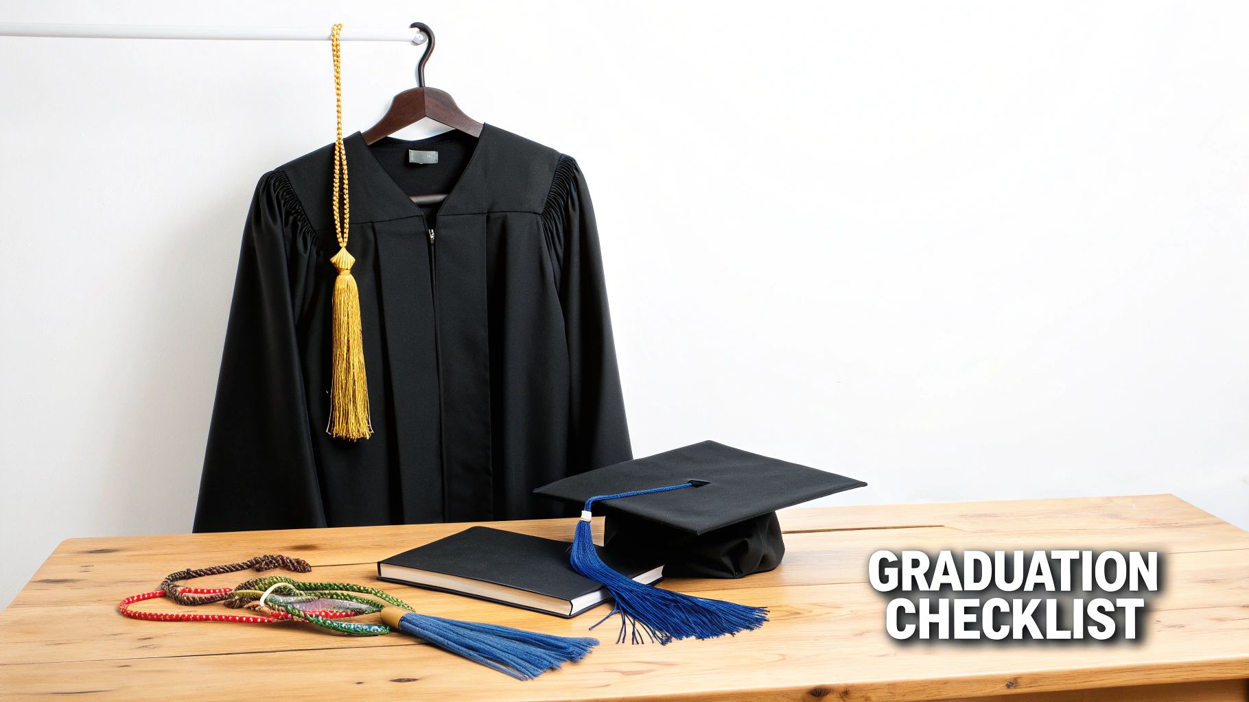 Graduation cap and gown with gold and blue tassels, books, and colorful cords on a wooden table. 'GRADUATION CHECKLIST' visible.
