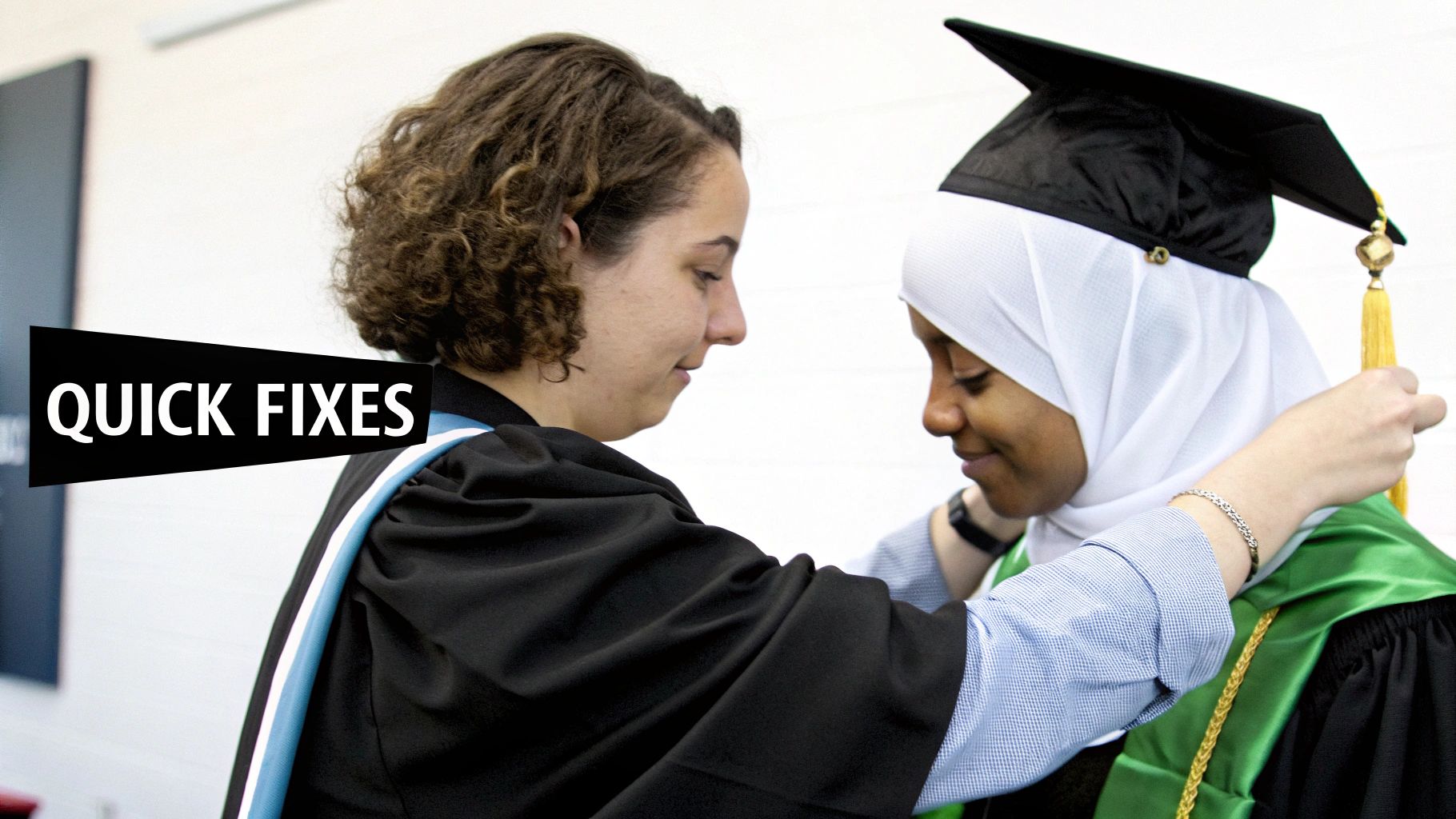 A graduate adjusting their academic hood before a ceremony.