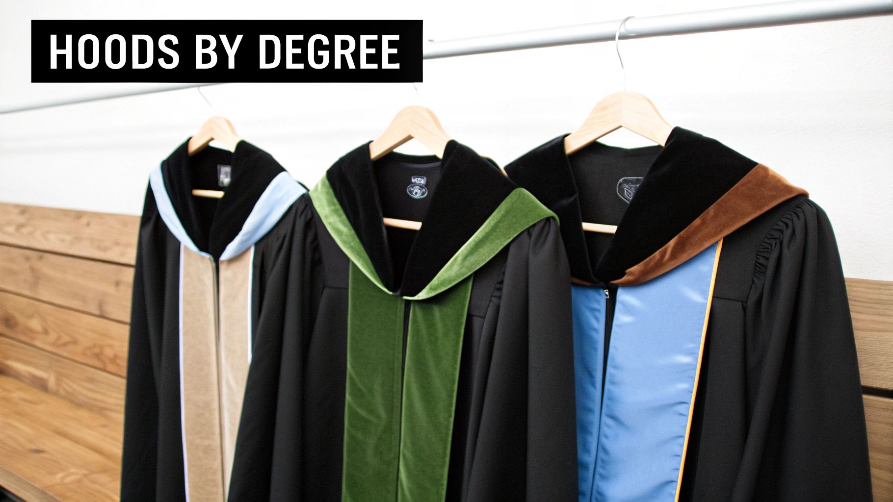 Three academic graduation robes with colorful hoods, signifying different degrees, hanging on a rack.