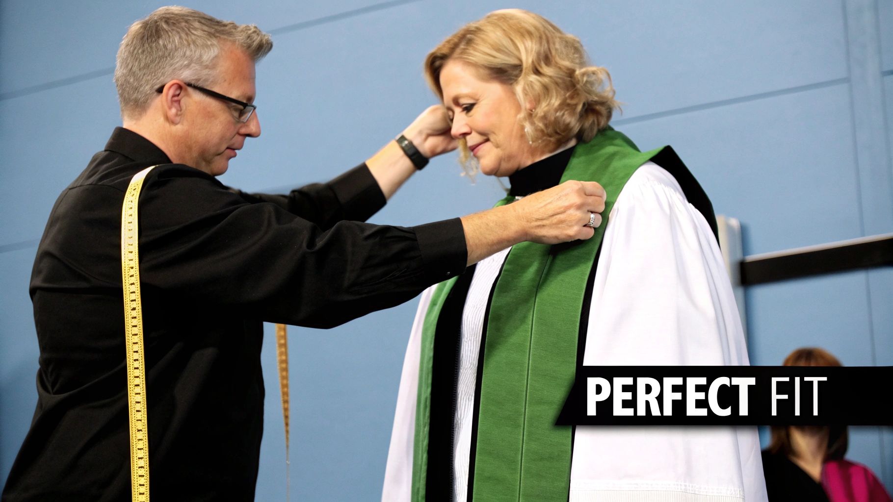 A man adjusts a green stole on a woman wearing a white choir robe for a perfect fit.