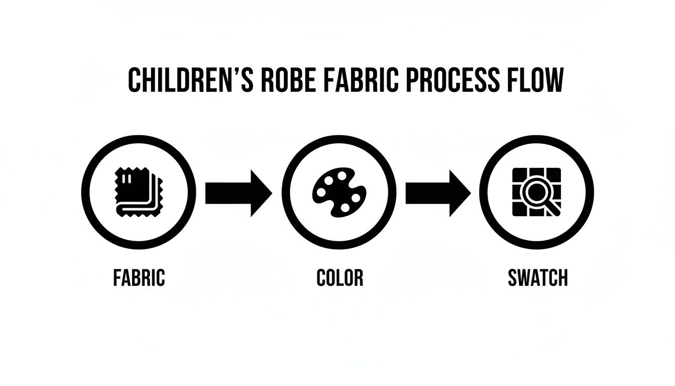 A process flow diagram showing steps for children's robe fabric: fabric selection, color choice, and swatch review.