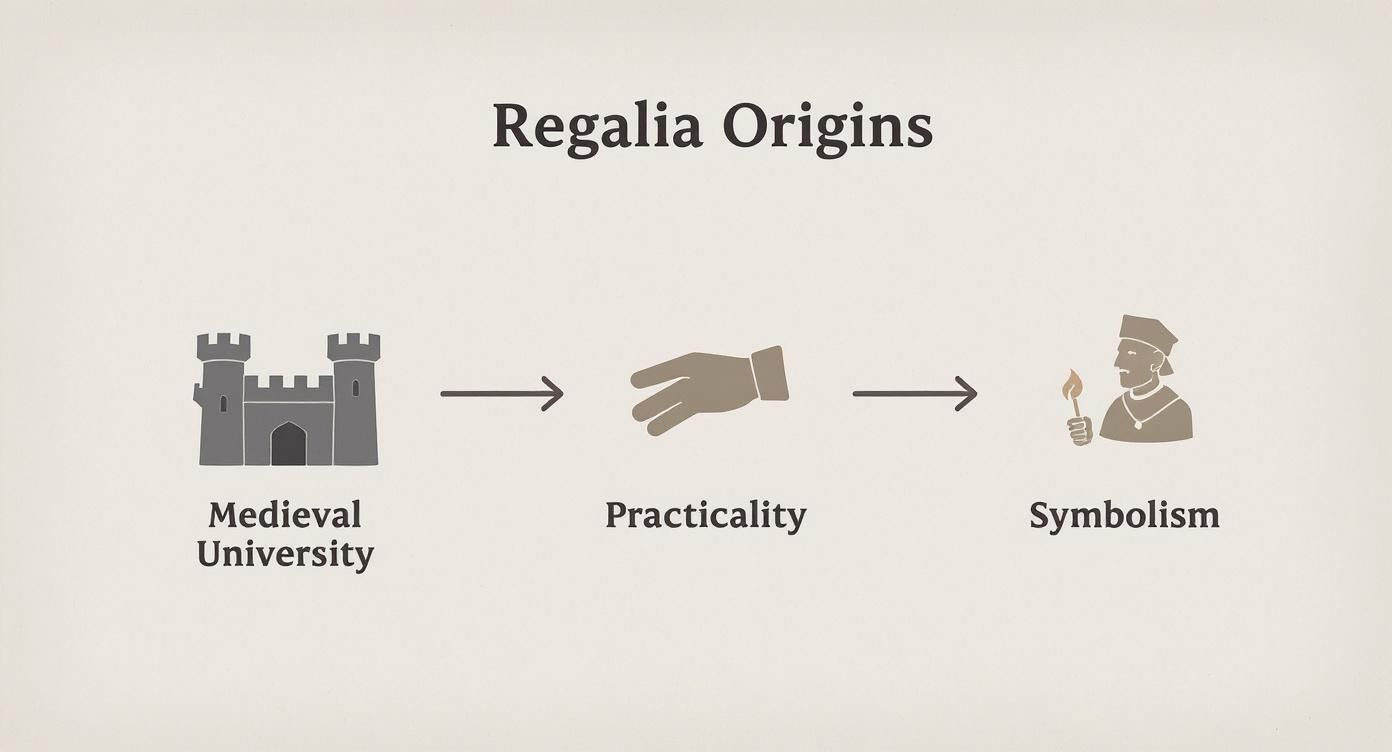 Flowchart showing regalia origins from medieval university practicality to modern symbolism.