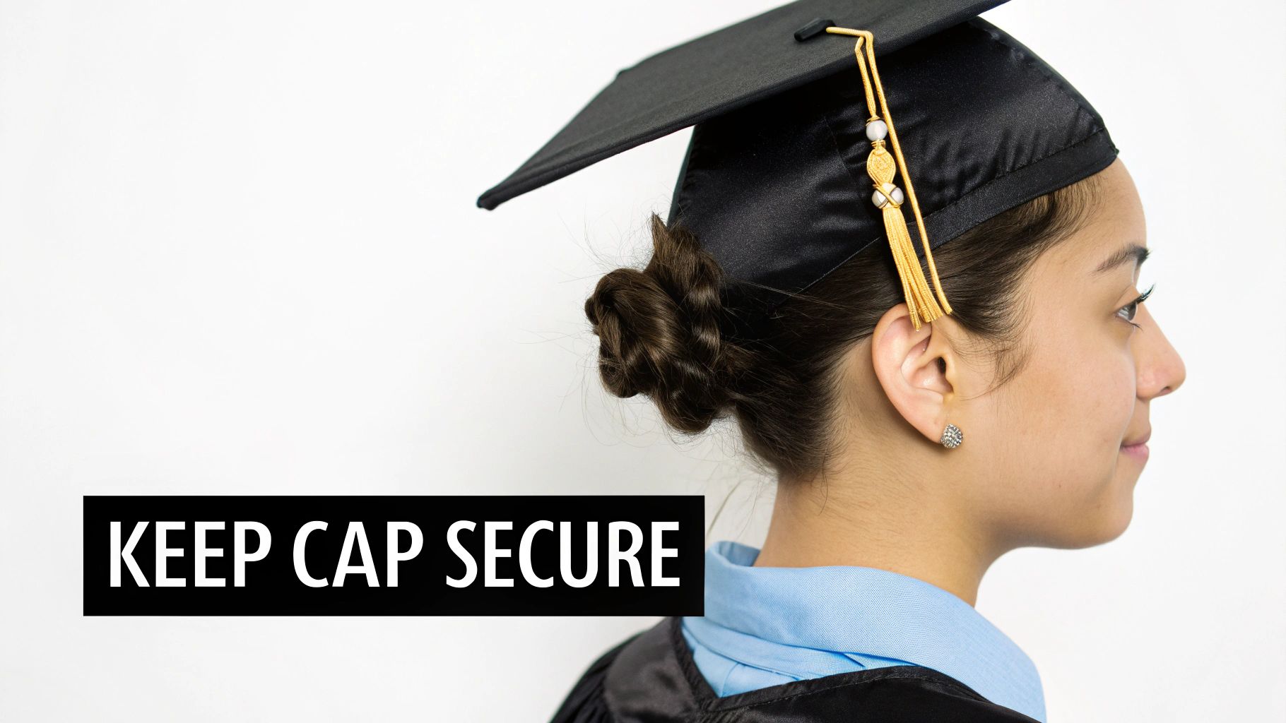 A side profile of a student wearing a black graduation cap with a gold tassel and a gown, with text 'KEEP CAP SECURE'.
