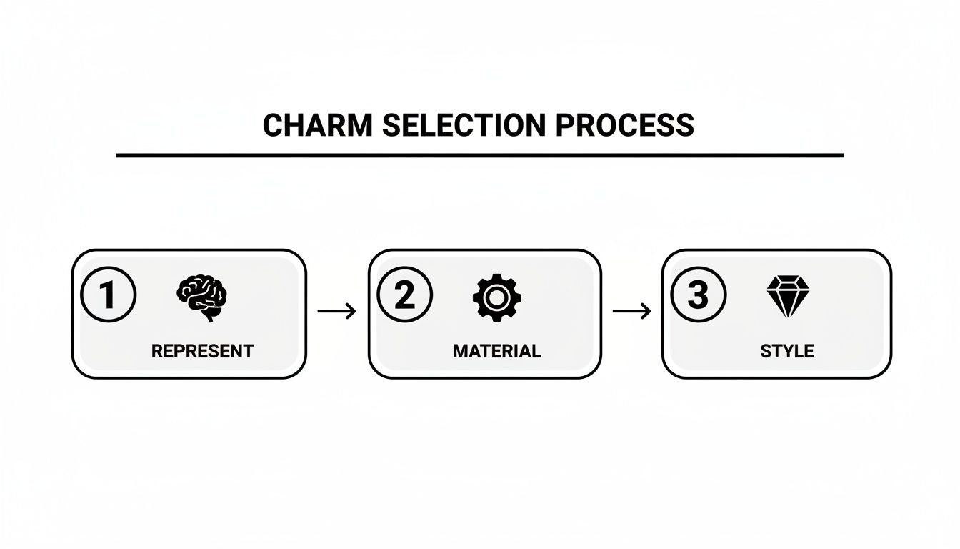 A diagram illustrating the three-step charm selection process: Represent, Material, and Style.