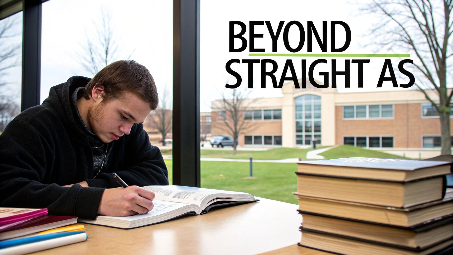 A high school student studying intensely with books and a laptop