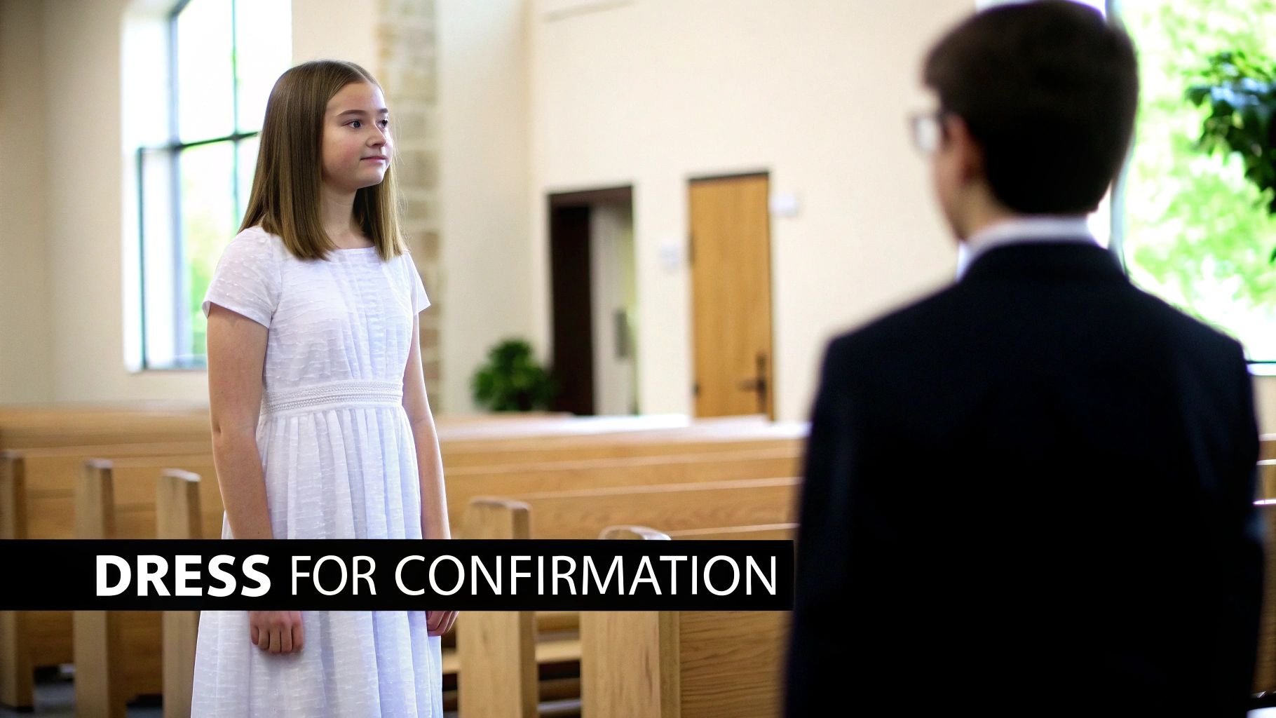 A young girl in a white confirmation dress stands in a church, looking at a boy in a suit.