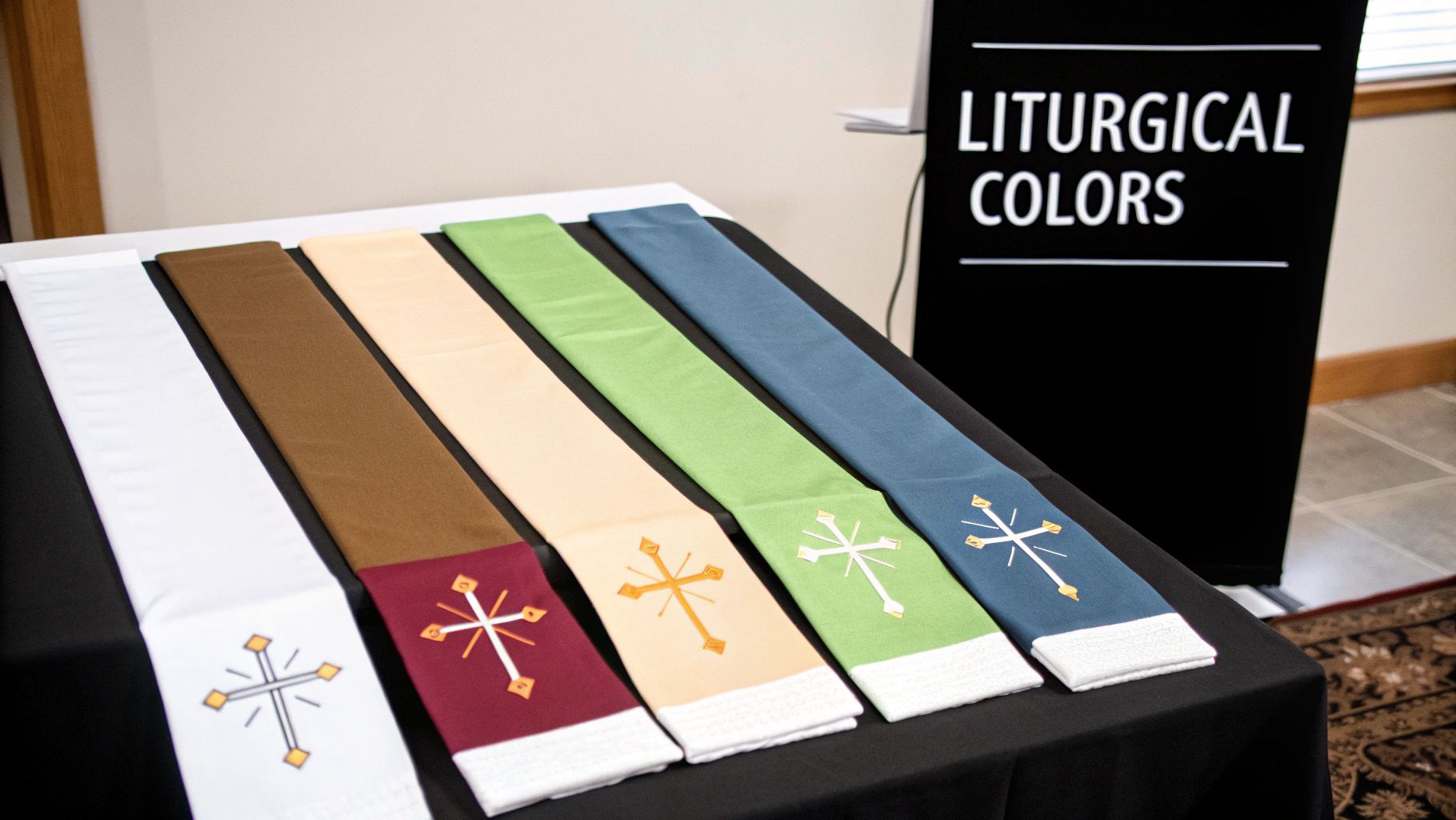 Five colorful liturgical stoles with cross embroidery are displayed on a table next to a 'LITURGICAL COLORS' sign.