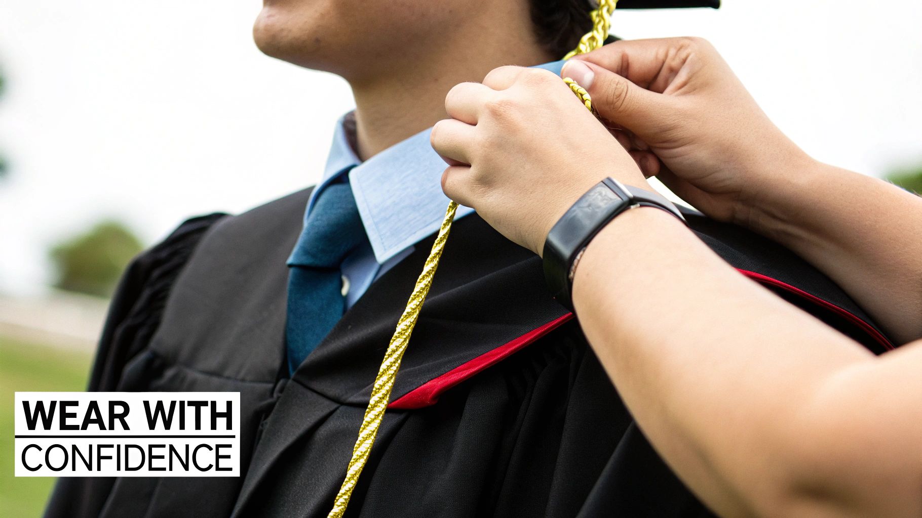 Close-up of hands adjusting a golden honor cord on a graduate wearing a black gown.