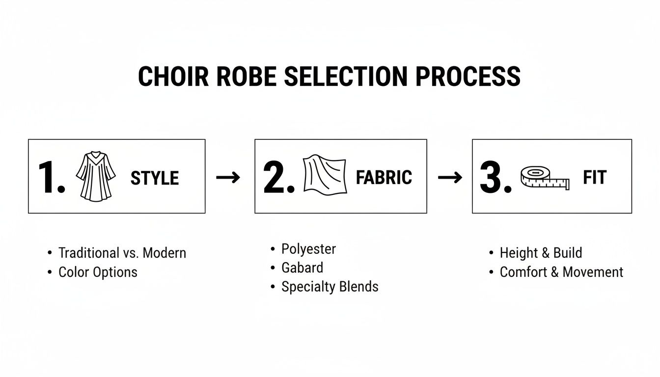 A diagram outlining the choir robe selection process, detailing steps for style, fabric, and fit.
