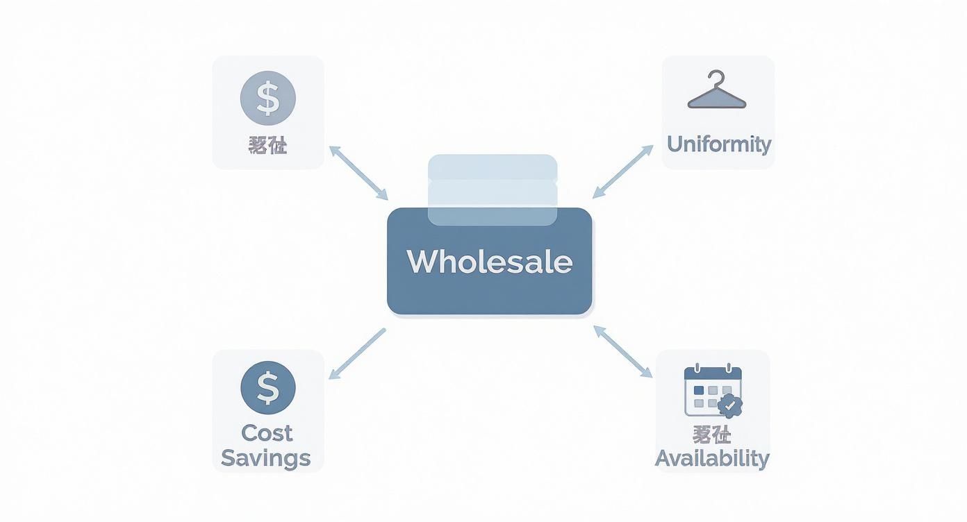 A diagram illustrating the advantages of wholesale, including uniformity, cost savings, and product availability.
