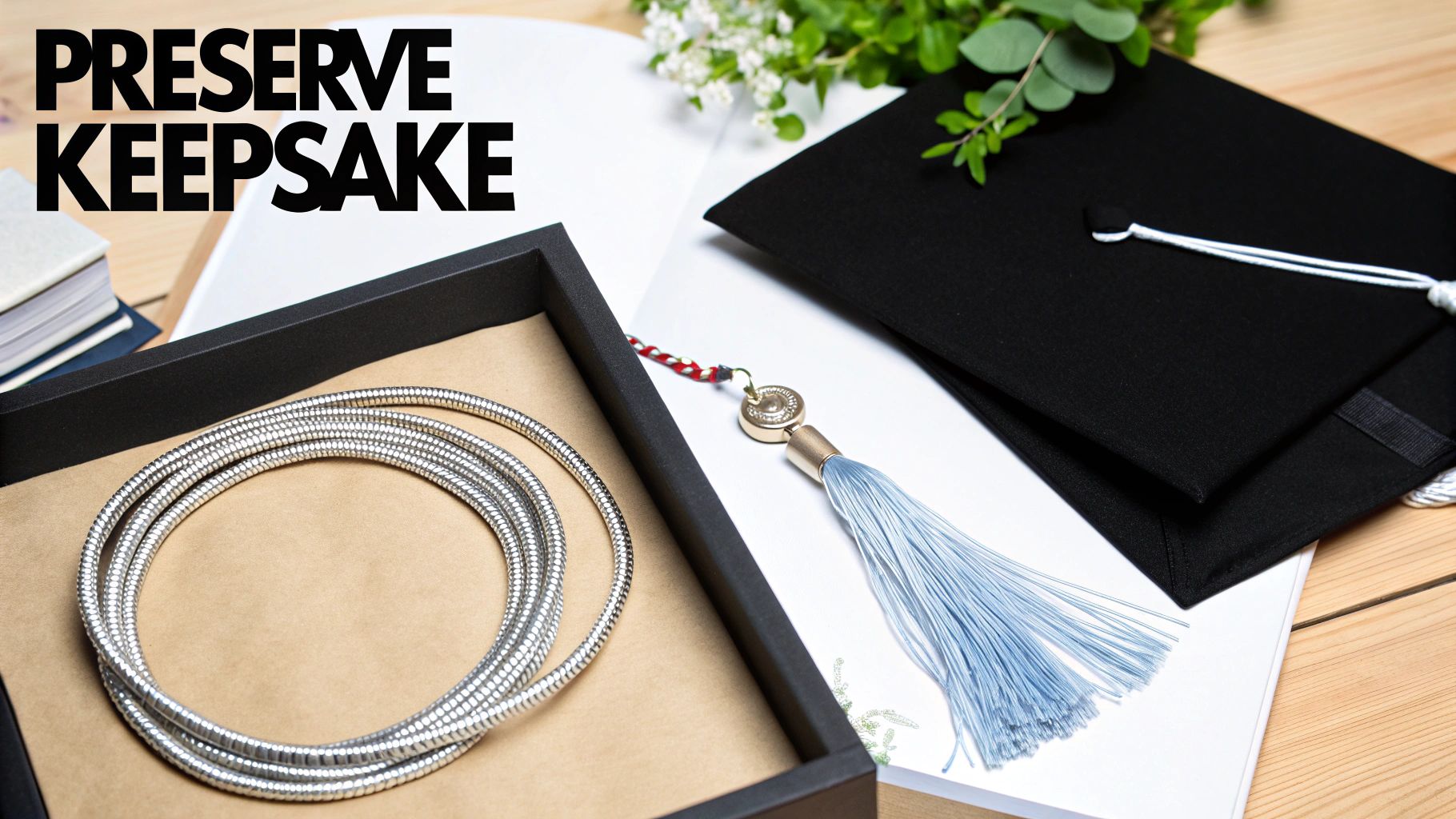 A collection of graduation keepsakes including a cap, a blue tassel, and silver honor cords.