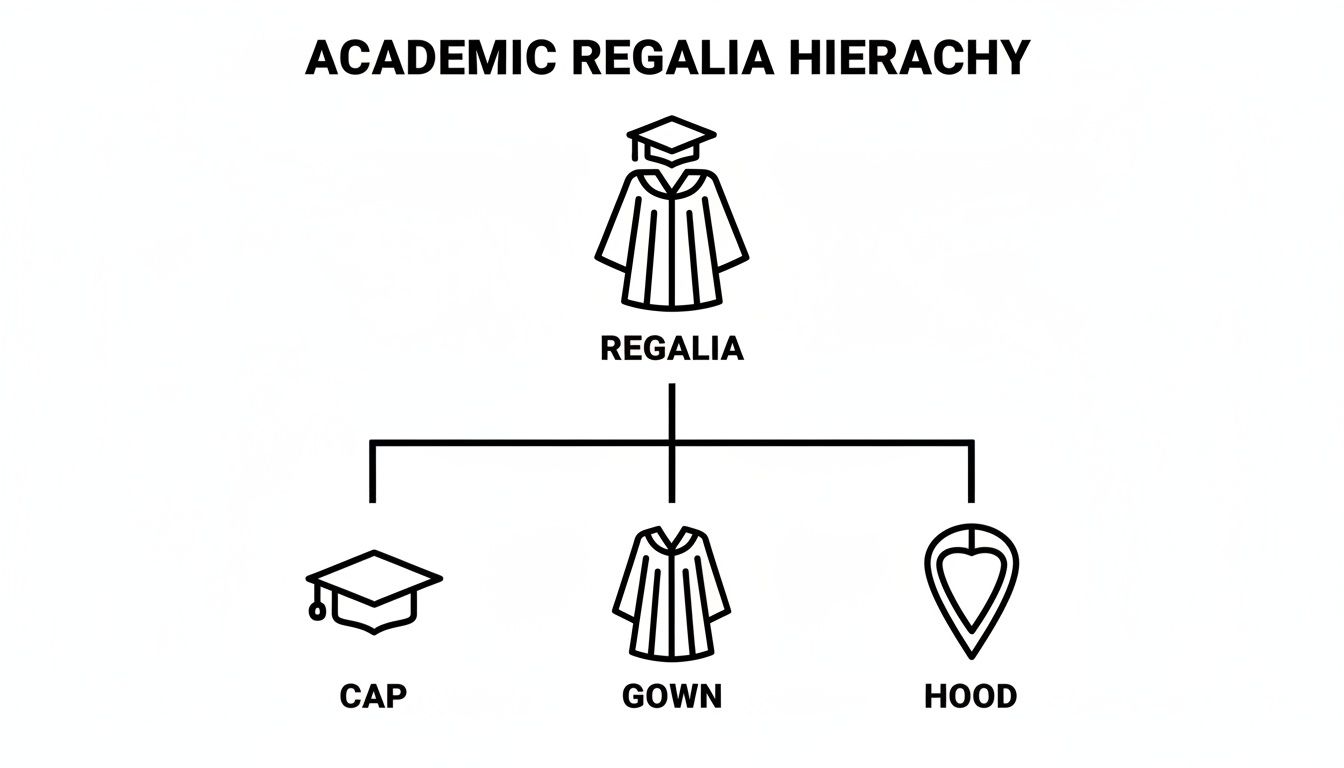 A hierarchy diagram illustrating academic regalia, showing its components: cap, gown, and hood.