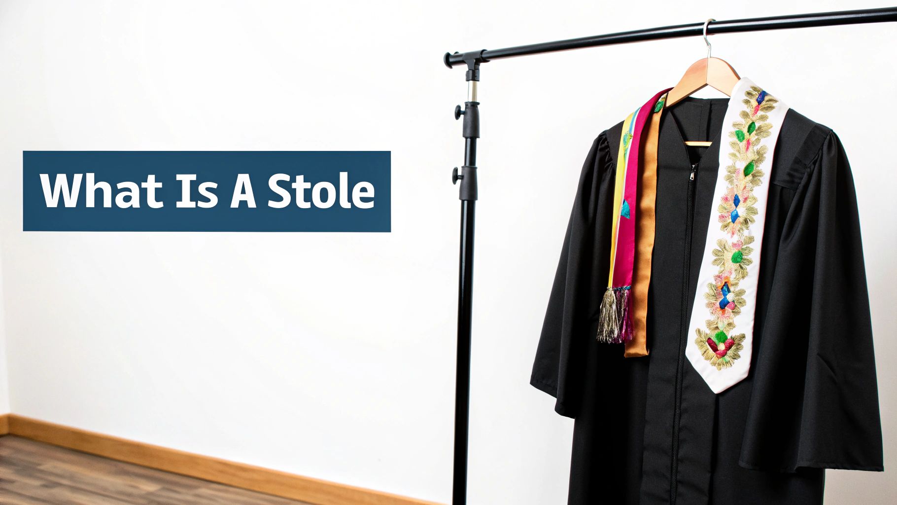 A black graduation gown with two colorful, embroidered stoles hanging on a rack.