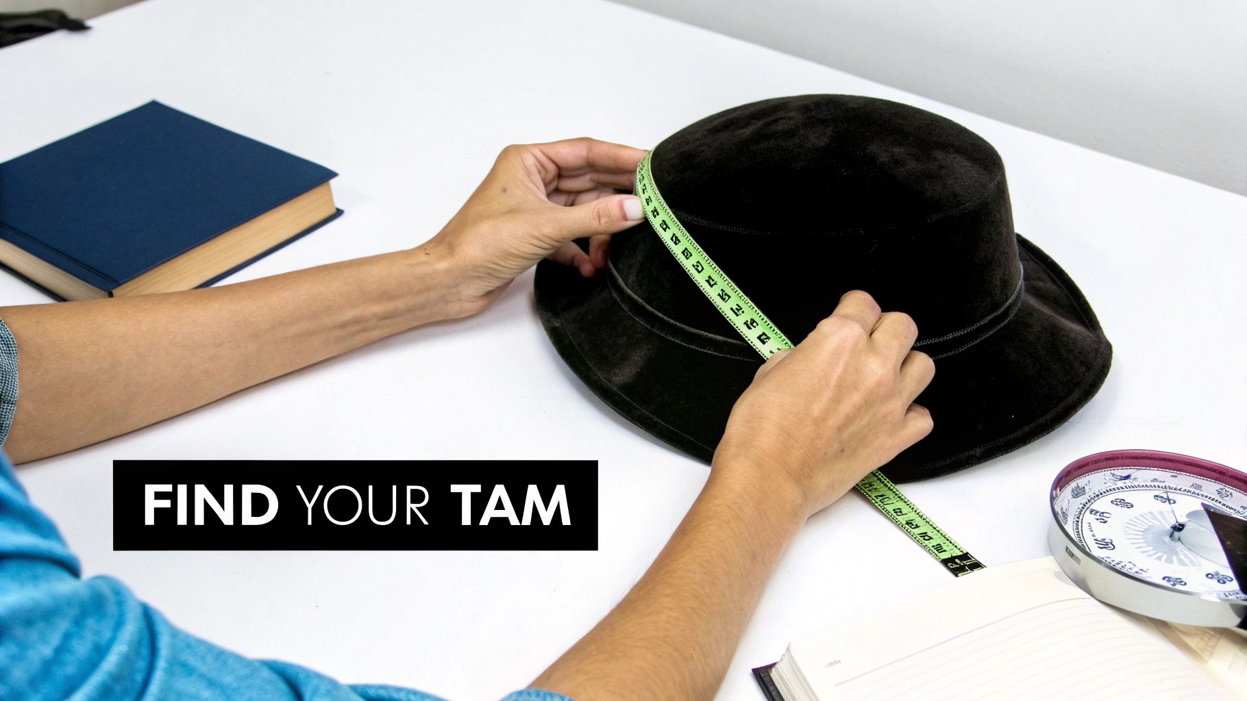 Hands measure the circumference of a dark, velvet academic tam hat with a green tape.