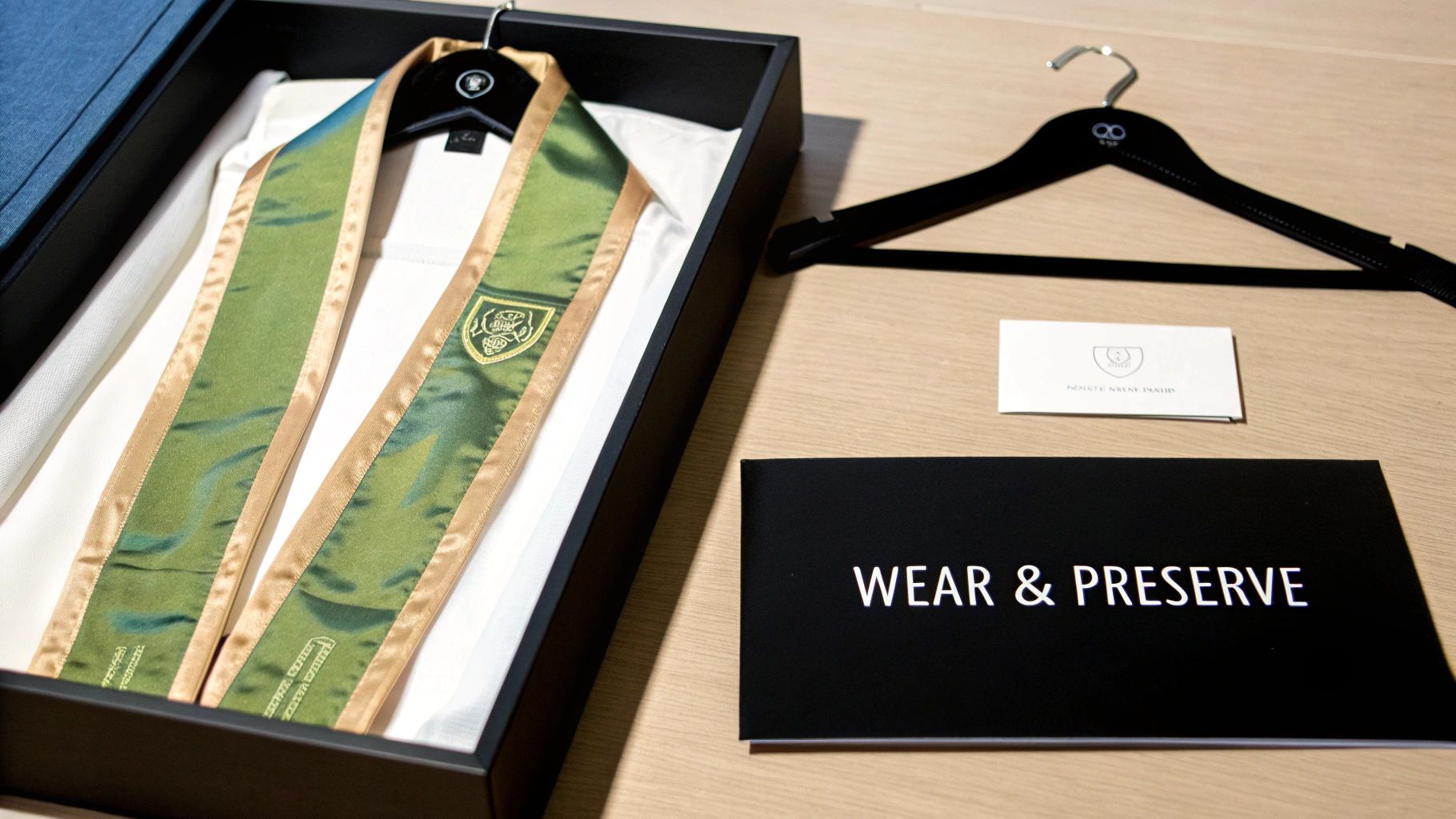 A luxurious green and gold satin graduation stole, presented in a box with a hanger and care booklet.