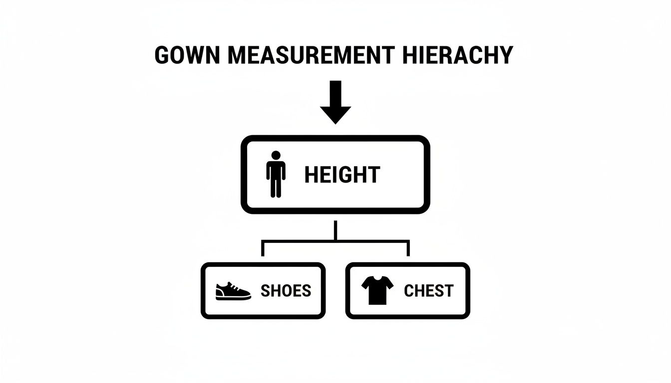 A diagram illustrates the gown measurement hierarchy: height is primary, branching to shoes and chest size.