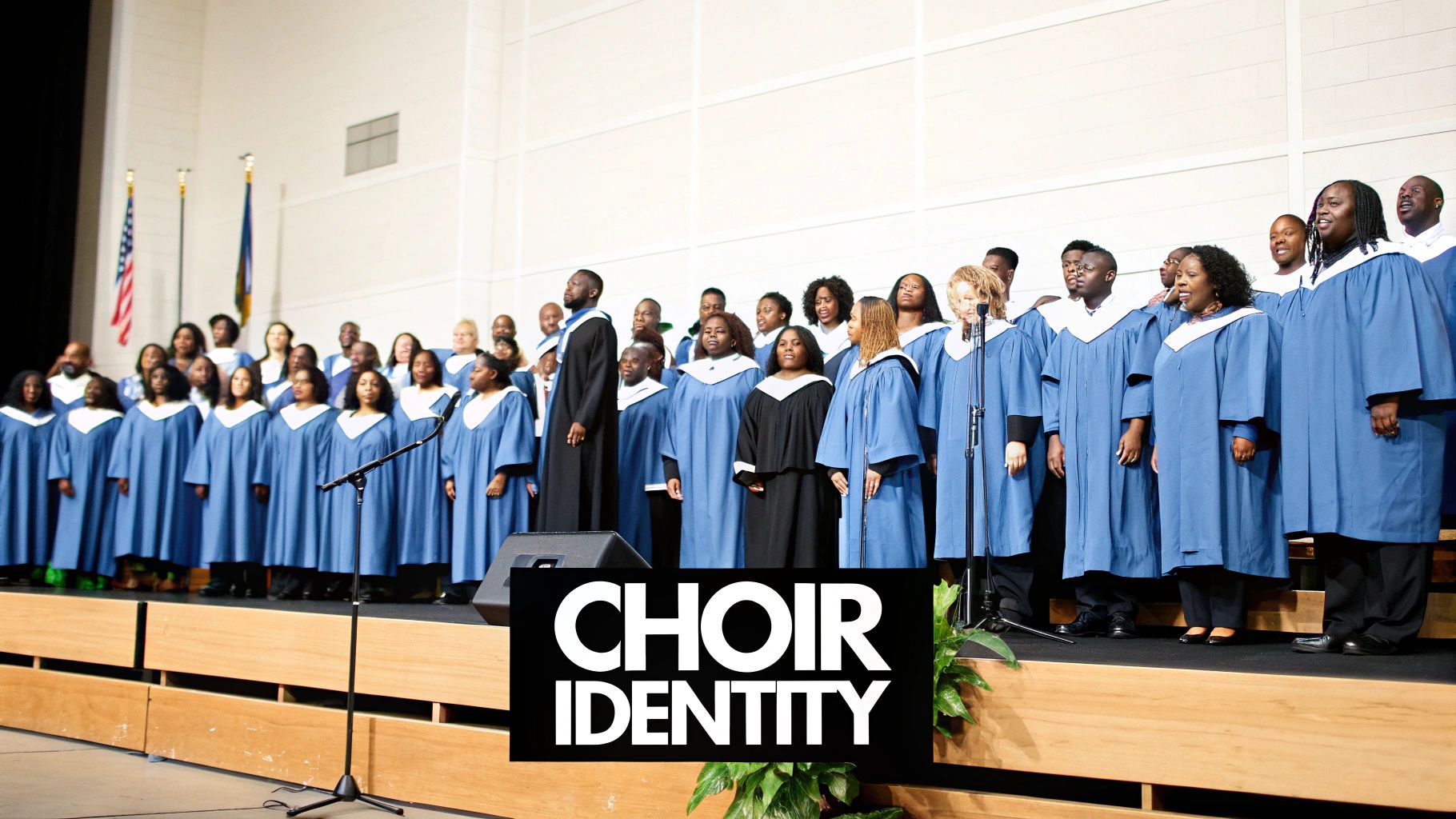 A diverse gospel choir wearing blue and black robes performs on a stage.