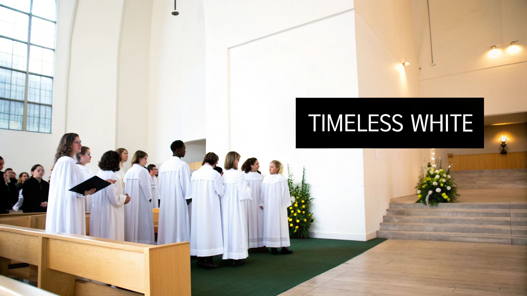 Choir members in white robes stand inside a bright church, ready to perform.