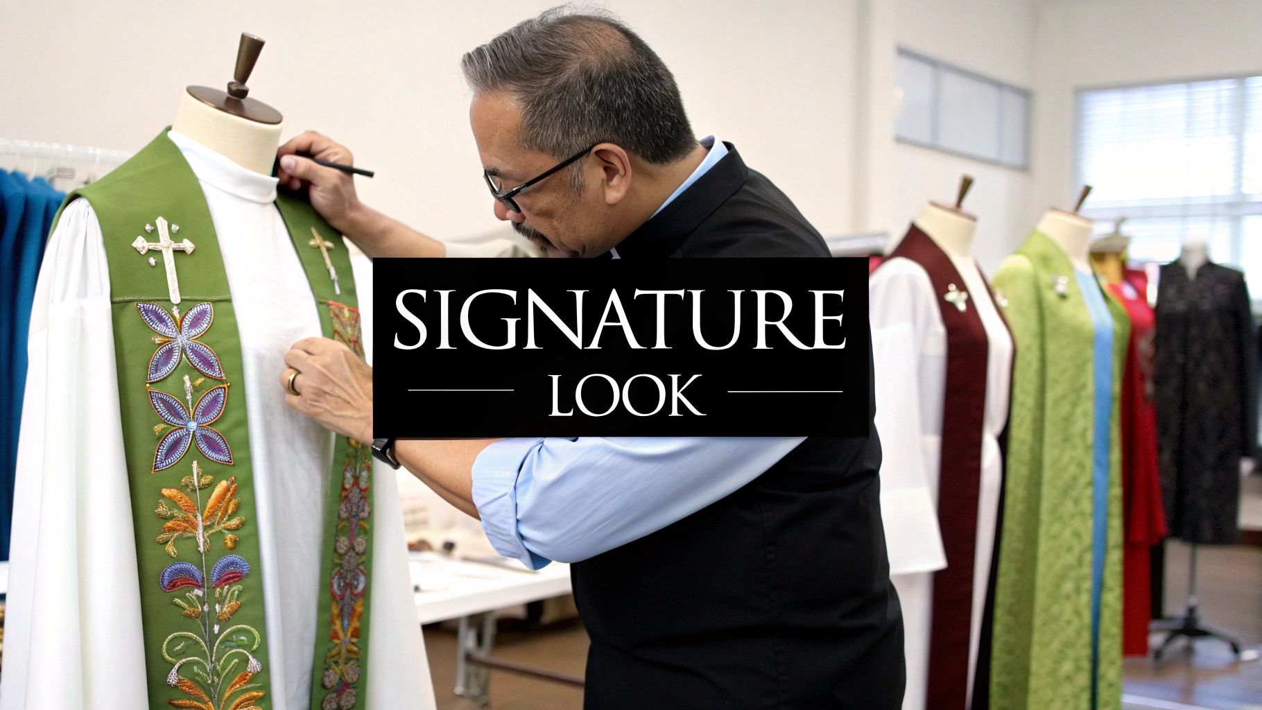 Man adjusting an intricately embroidered green liturgical stole on a mannequin, with other clerical vestments.