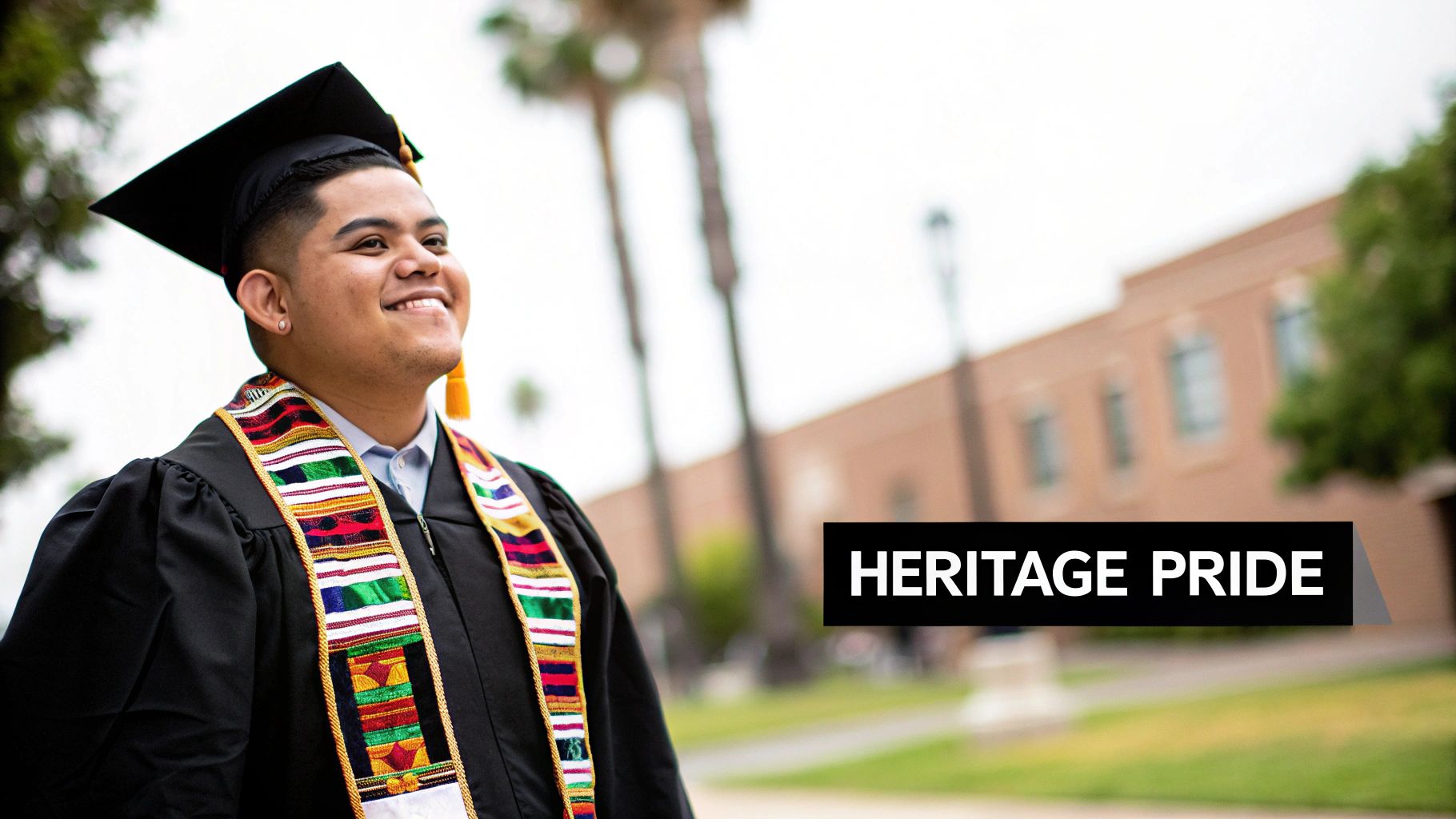 Group of Hispanic graduates wearing colorful graduation stoles and celebrating their achievement.