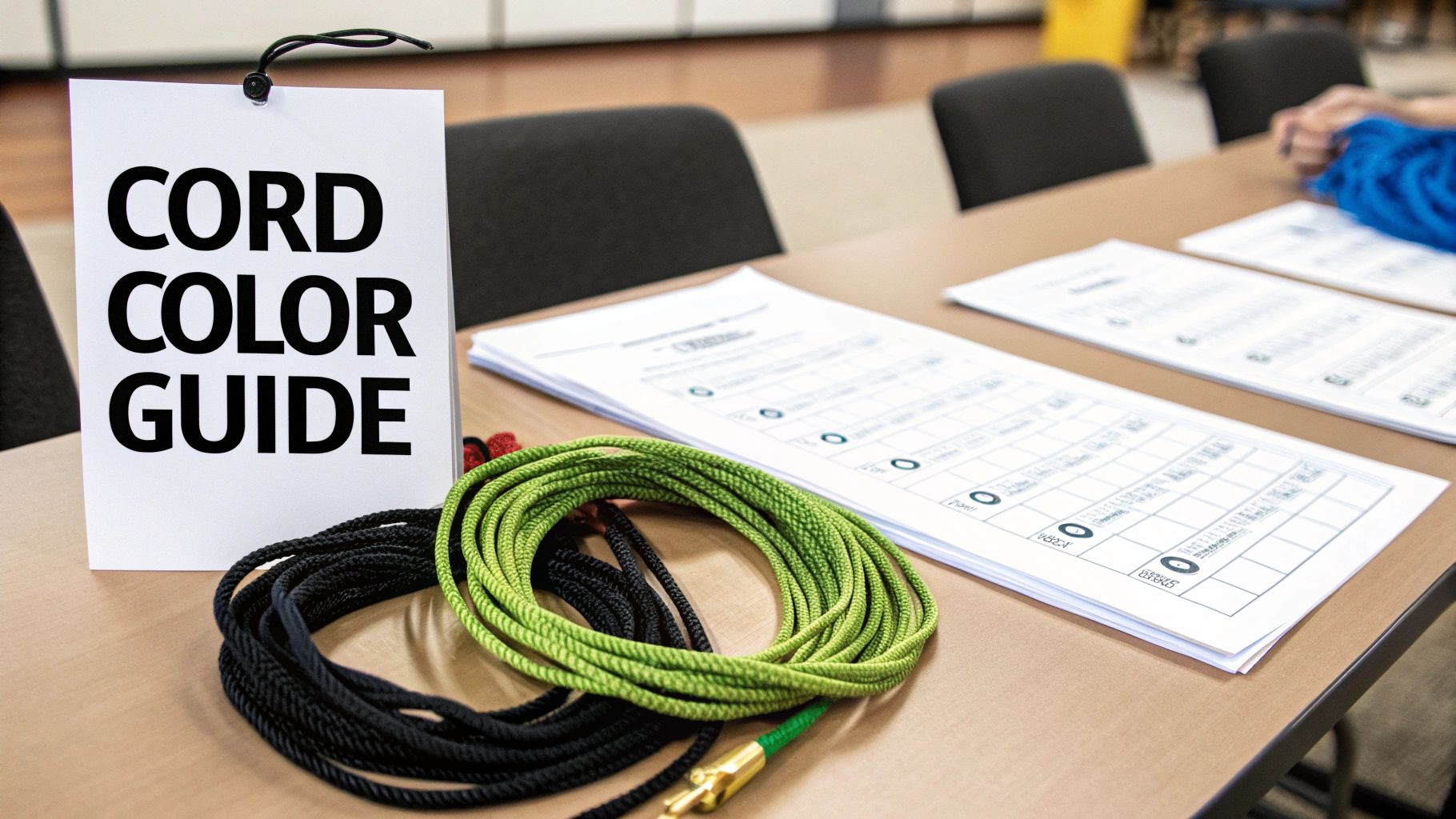 A "CORD COLOR GUIDE" sign on a table next to coiled black and green cords and documents.