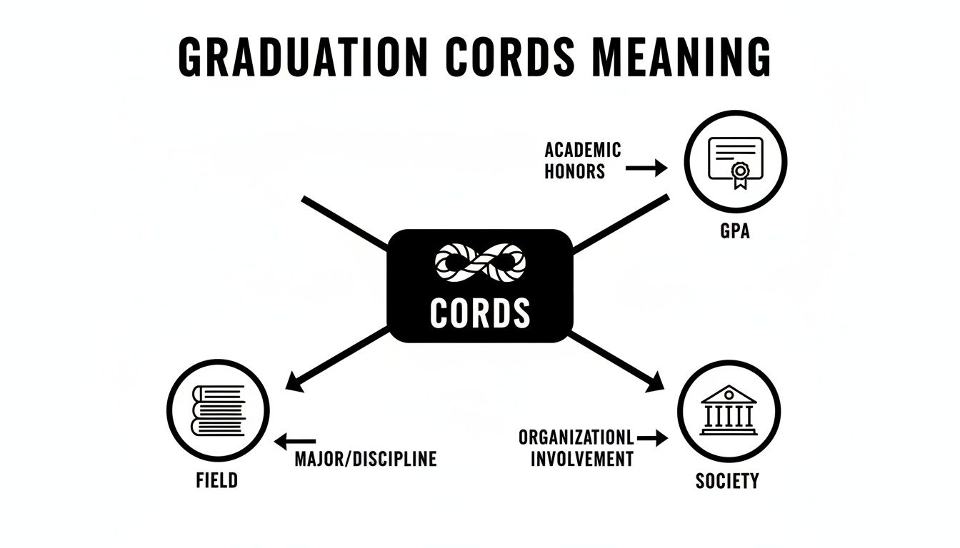 A diagram explaining the meaning behind graduation cords, linking them to academic honors, major, and organizational involvement.