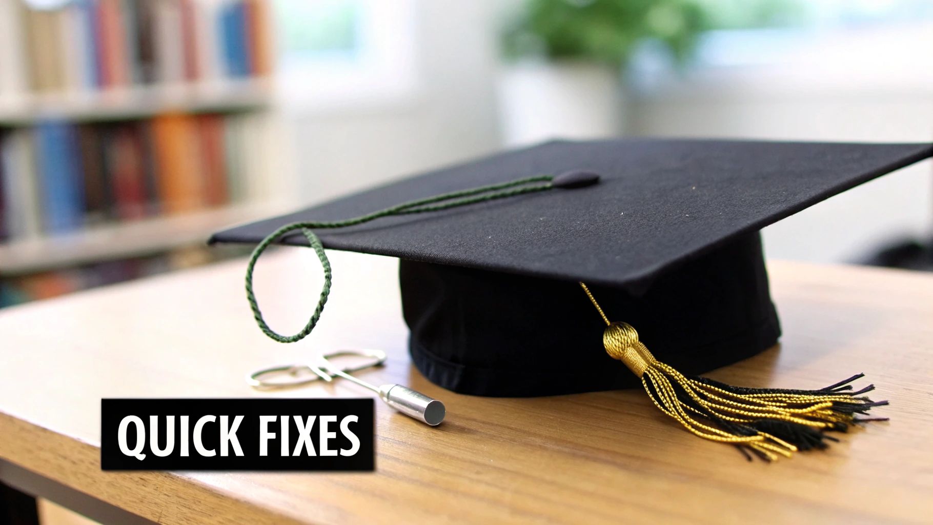 A black graduation cap with a gold and black tassel rests on a wooden table, with blurred bookshelves.