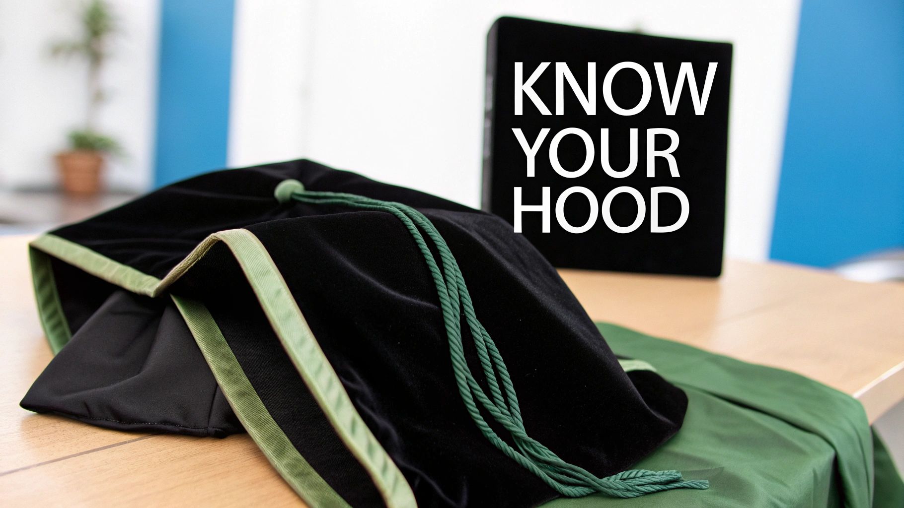A black velvet academic doctoral hood with green trim and cords on a wooden table.