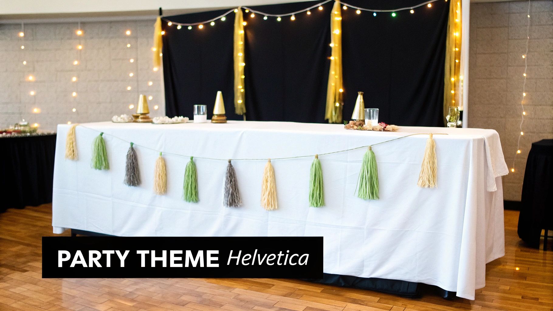 A party table decorated with a white tablecloth, colorful tassels, and string lights in a festive setting.