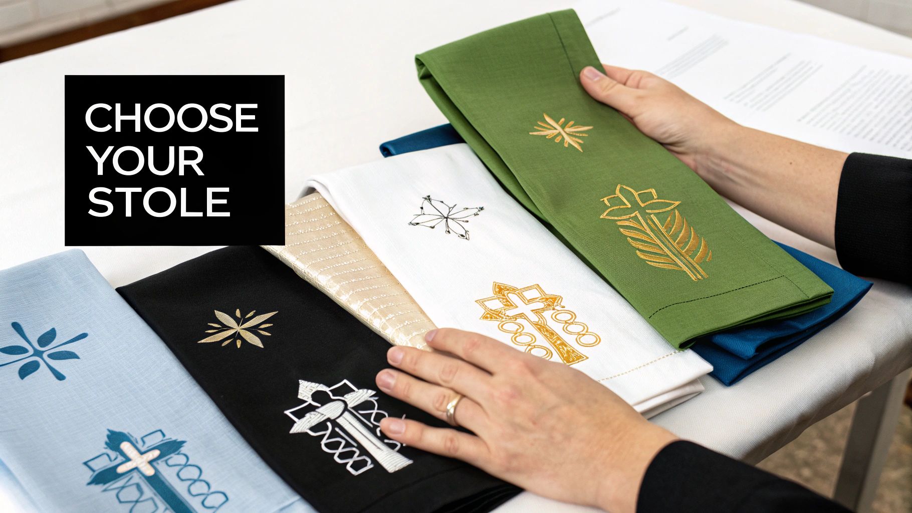 Hands display a colorful selection of embroidered stoles for clergy, with 'CHOOSE YOUR STOLE' text.