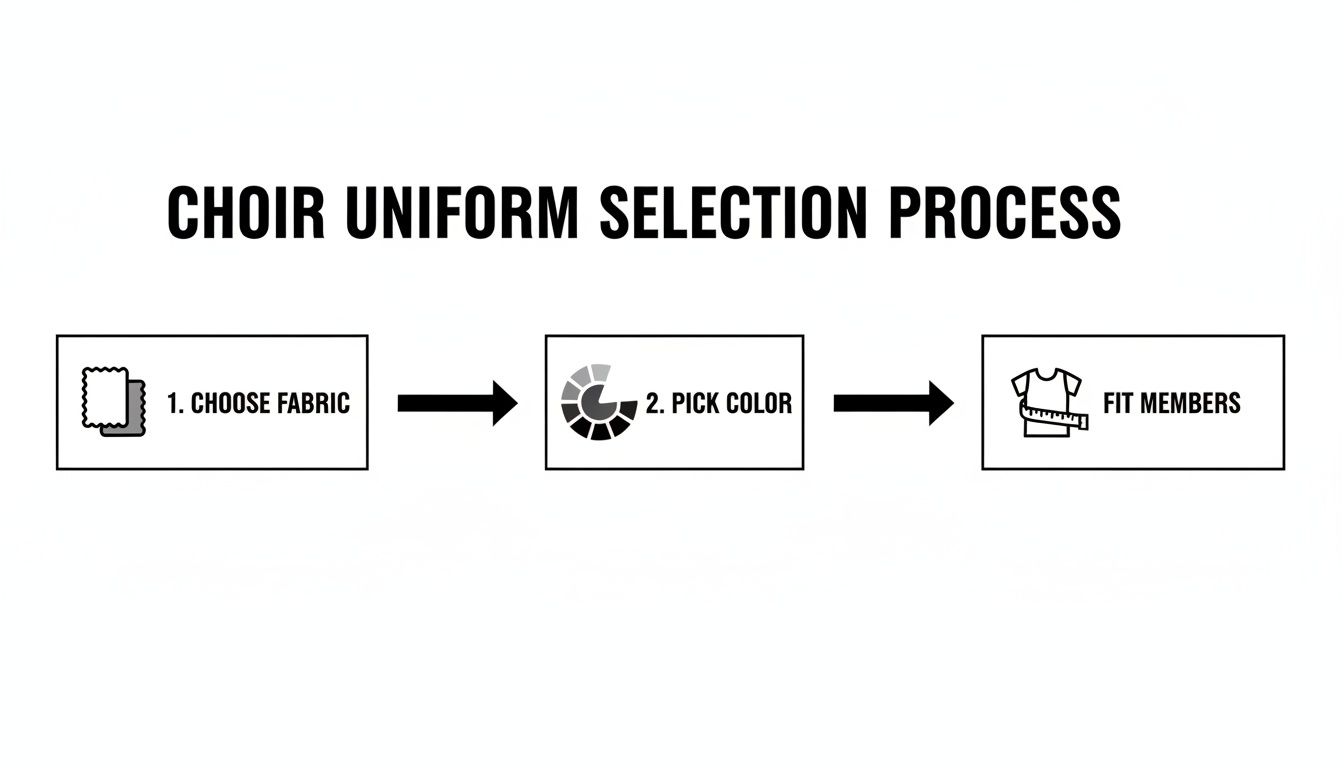 Flowchart outlining the choir uniform selection process: choose fabric, pick color, and fit members.