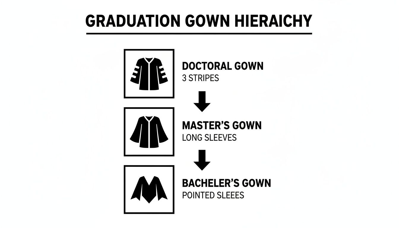 Visual hierarchy of graduation gowns showing distinct styles for doctoral, master's, and bachelor's degrees.