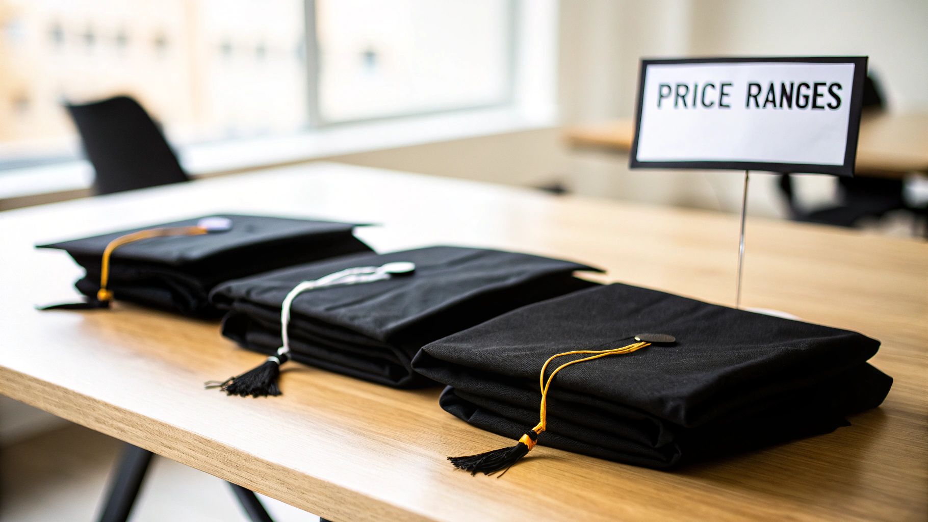 Several black graduation gowns with colorful tassels are neatly folded on a wooden table, next to a 'PRICE RANGES' sign.