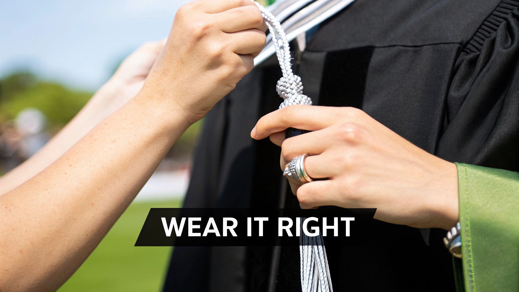 Hands adjust a silver and white honor cord on a person wearing a black graduation gown.