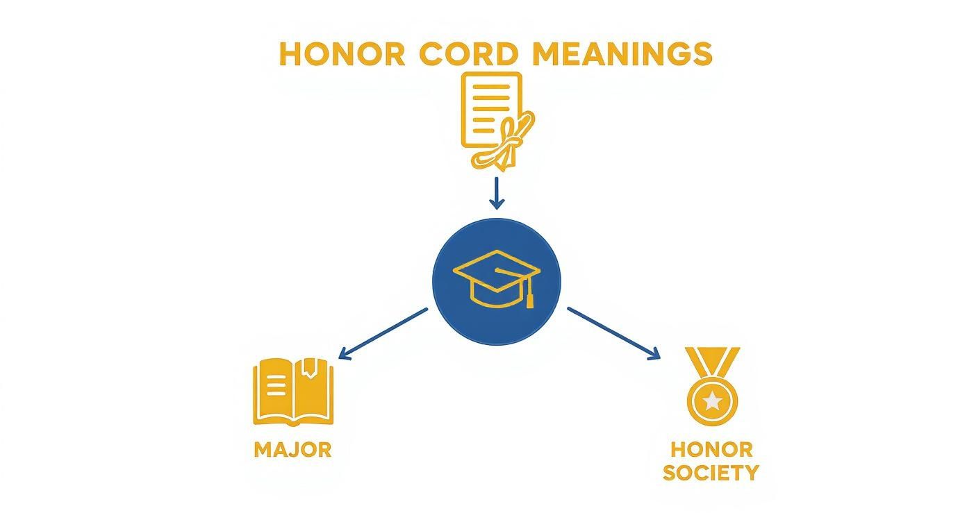 Diagram explaining honor cord meanings, showing connections to academic major and honor society achievements.